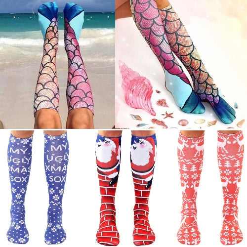 New Fashion Women Long Socks Snowflake Mermaid Deer Santa Claus Print Christmas Socks