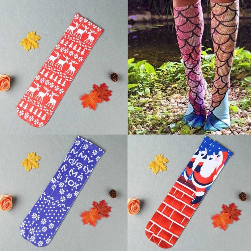 New Fashion Women Long Socks Snowflake Mermaid Deer Santa Claus Print Christmas Socks