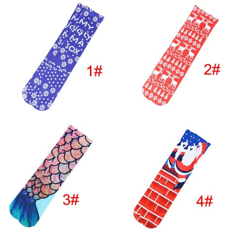 New Fashion Women Long Socks Snowflake Mermaid Deer Santa Claus Print Christmas Socks