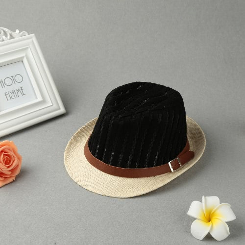 Fashion Boy Girl Straw Hat Hollow Sheer Mesh Contrast Belt Fedora Curly Brim Baby Kids Unise Panama Jazz Trilby Hat Cap