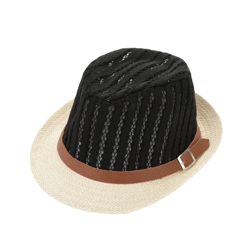 Fashion Boy Girl Straw Hat Hollow Sheer Mesh Contrast Belt Fedora Curly Brim Baby Kids Unise Panama Jazz Trilby Hat Cap