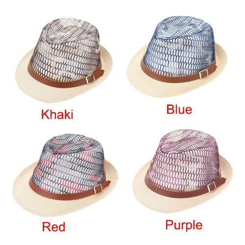 Fashion Boy Girl Straw Hat Contrast Hollow Sheer Mesh Belt Fedora Curly Brim Unisex Baby Kids Panama Jazz Trilby Hat Cap