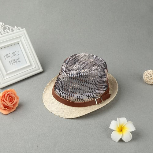 Fashion Boy Girl Straw Hat Contrast Hollow Sheer Mesh Belt Fedora Curly Brim Unisex Baby Kids Panama Jazz Trilby Hat Cap