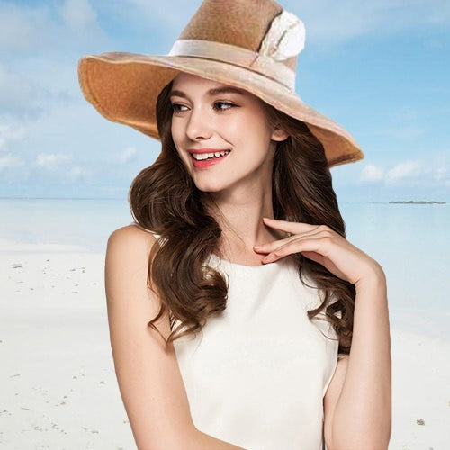 Women Sprint Summer Sun Cap Vintage Wide-Brim Fedora Hats Bowler Floppy Beach Hat Brown