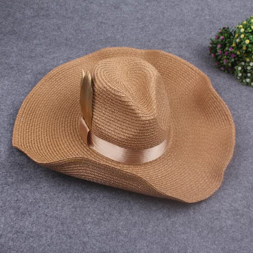 Women Sprint Summer Sun Cap Vintage Wide-Brim Fedora Hats Bowler Floppy Beach Hat Brown