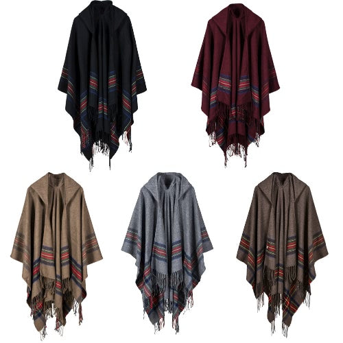 New Women Knitted Poncho Cape Hooded Stripe Oversized Cardigan Sweater Long Shawl Scarf Cashmere Pashmina