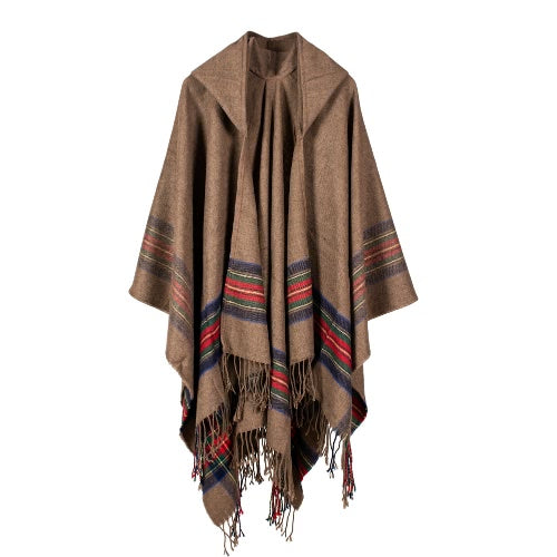 New Women Knitted Poncho Cape Hooded Stripe Oversized Cardigan Sweater Long Shawl Scarf Cashmere Pashmina