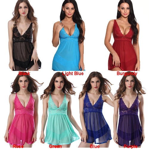 Sexy Women Lingerie Babydoll Lace Dress Set Sleepwear Underwear Transparent Nightwear Panties Set