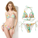 Sexy Women Bikini Set Floral Print Triangle Padded Top Self-tie Swimwear Swimsuit Beachwear Green