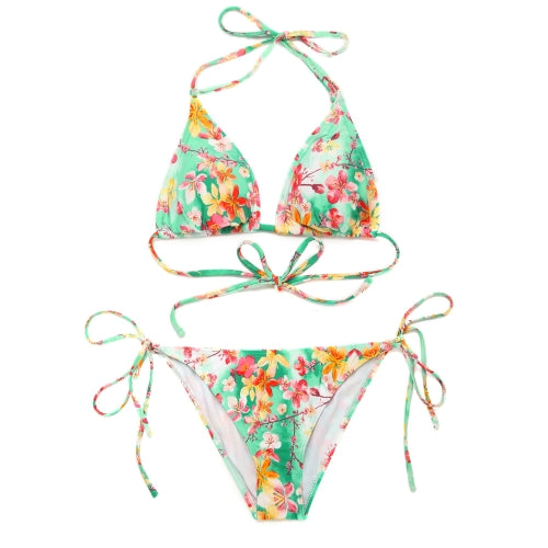 Sexy Women Bikini Set Floral Print Triangle Padded Top Self-tie Swimwear Swimsuit Beachwear Green