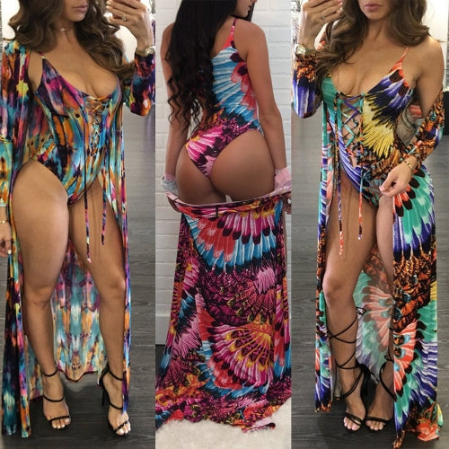 Sexy Women Swimsuit Cover Up Colorful Print Lace-Up Wireless Padding Bathing Suit Beach Wear Swimwear Overall