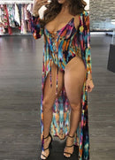 Sexy Women Swimsuit Cover Up Colorful Print Lace-Up Wireless Padding Bathing Suit Beach Wear Swimwear Overall