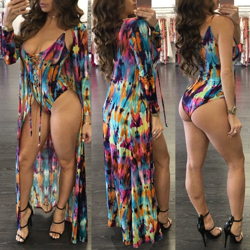 Sexy Women Swimsuit Cover Up Colorful Print Lace-Up Wireless Padding Bathing Suit Beach Wear Swimwear Overall