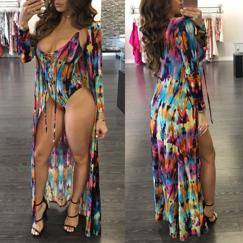 Sexy Women Swimsuit Cover Up Colorful Print Lace-Up Wireless Padding Bathing Suit Beach Wear Swimwear Overall