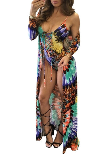 Sexy Women Swimsuit Cover Up Colorful Print Lace-Up Wireless Padding Bathing Suit Beach Wear Swimwear Overall