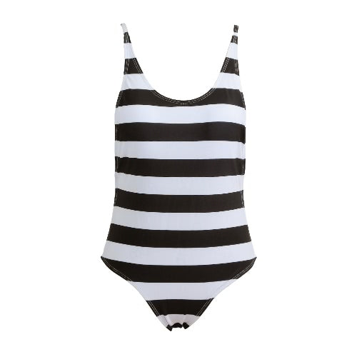 New Sexy Women One Piece Swimsuit Striped Print Open Back Swimwear Bathing Suit Beach Wear Monokini Black