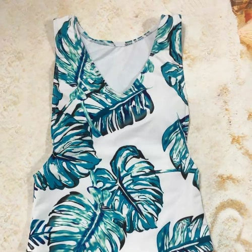 New Sexy Women One-piece Swimsuit Tropical Leaves Print Plunge V Neck Beach Swimwear Bathing Suit Blue