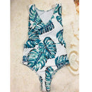 New Sexy Women One-piece Swimsuit Tropical Leaves Print Plunge V Neck Beach Swimwear Bathing Suit Blue