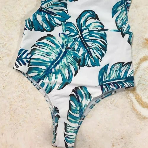 New Sexy Women One-piece Swimsuit Tropical Leaves Print Plunge V Neck Beach Swimwear Bathing Suit Blue