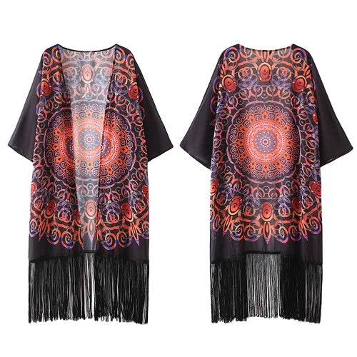 Vintage Women Chiffon Kimono Cardigan Geometric Print Fringed Tassels Loose Boho Outerwear Beach Cover Up Black