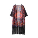 Vintage Women Chiffon Kimono Cardigan Geometric Print Fringed Tassels Loose Boho Outerwear Beach Cover Up Black