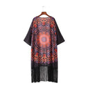 Vintage Women Chiffon Kimono Cardigan Geometric Print Fringed Tassels Loose Boho Outerwear Beach Cover Up Black