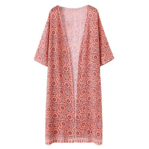 Fashion Women Long Beach Cover Up Chiffon Kimono Allover Print Front Open Loose Long Thin Coat Orange