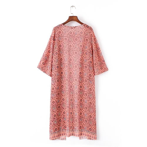 Fashion Women Long Beach Cover Up Chiffon Kimono Allover Print Front Open Loose Long Thin Coat Orange