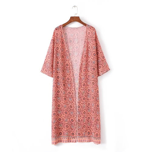 Fashion Women Long Beach Cover Up Chiffon Kimono Allover Print Front Open Loose Long Thin Coat Orange