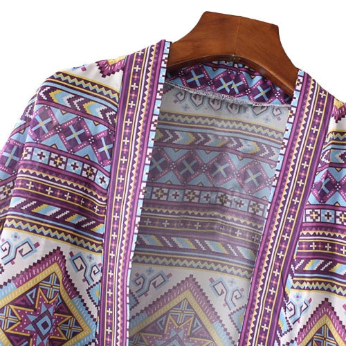 New Fashion Women Chiffon Kimono Cardigan Geometric Print Loose Bohemian Outerwear Beach Cover Up Purple