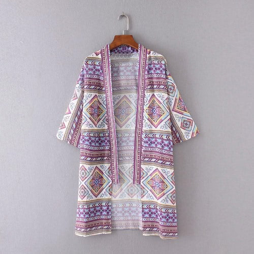 New Fashion Women Chiffon Kimono Cardigan Geometric Print Loose Bohemian Outerwear Beach Cover Up Purple