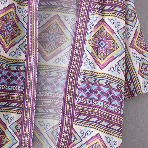 New Fashion Women Chiffon Kimono Cardigan Geometric Print Loose Bohemian Outerwear Beach Cover Up Purple