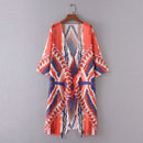 Women Casual Hippie Kimono Chiffon Blouse Geometric Print Long Loose Cardigan Summer Beach Cover Up Orange