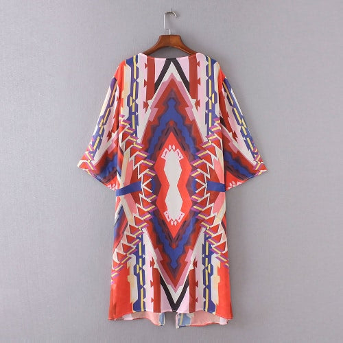 Women Casual Hippie Kimono Chiffon Blouse Geometric Print Long Loose Cardigan Summer Beach Cover Up Orange