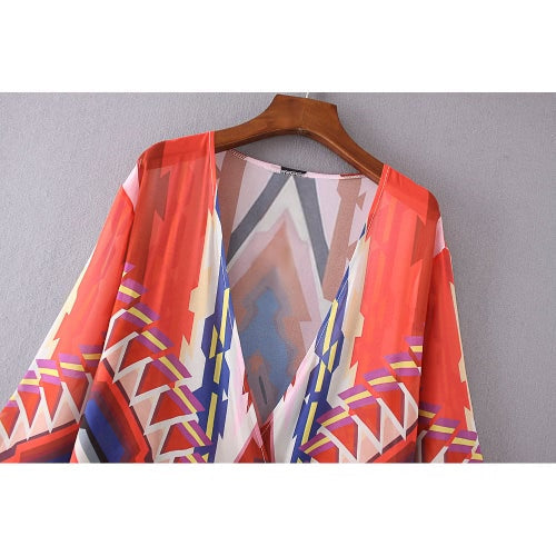 Women Casual Hippie Kimono Chiffon Blouse Geometric Print Long Loose Cardigan Summer Beach Cover Up Orange