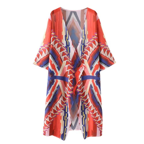 Women Casual Hippie Kimono Chiffon Blouse Geometric Print Long Loose Cardigan Summer Beach Cover Up Orange