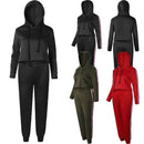 Women Two Piece Set Tracksuit Hooded Drawstring Crop Top Sport Pants Side Stripes High Waist Casual Sweat Suit