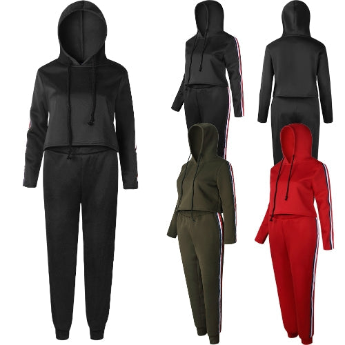 Women Two Piece Set Tracksuit Hooded Drawstring Crop Top Sport Pants Side Stripes High Waist Casual Sweat Suit