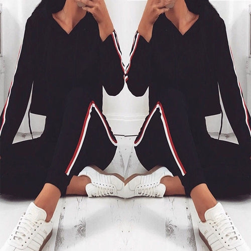 Women Two Piece Set Tracksuit Hooded Drawstring Crop Top Sport Pants Side Stripes High Waist Casual Sweat Suit