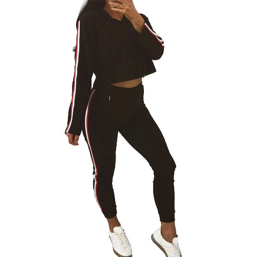 Women Two Piece Set Tracksuit Hooded Drawstring Crop Top Sport Pants Side Stripes High Waist Casual Sweat Suit