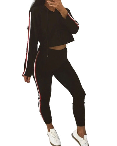 Women Two Piece Set Tracksuit Hooded Drawstring Crop Top Sport Pants Side Stripes High Waist Casual Sweat Suit