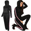 Women Two Piece Set Tracksuit Hooded Drawstring Crop Top Sport Pants Side Stripes High Waist Casual Sweat Suit