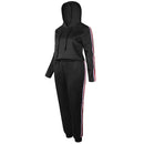 Women Two Piece Set Tracksuit Hooded Drawstring Crop Top Sport Pants Side Stripes High Waist Casual Sweat Suit