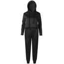 Women Two Piece Set Tracksuit Hooded Drawstring Crop Top Sport Pants Side Stripes High Waist Casual Sweat Suit