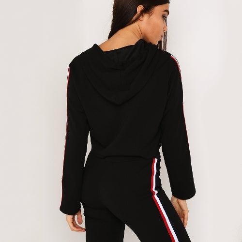 Women Two Piece Set Tracksuit Hooded Drawstring Crop Top Sport Pants Side Stripes High Waist Casual Sweat Suit