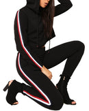 Women Two Piece Set Tracksuit Hooded Drawstring Crop Top Sport Pants Side Stripes High Waist Casual Sweat Suit