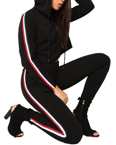 Women Two Piece Set Tracksuit Hooded Drawstring Crop Top Sport Pants Side Stripes High Waist Casual Sweat Suit