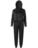 Women Two Piece Set Tracksuit Hooded Drawstring Crop Top Sport Pants Side Stripes High Waist Casual Sweat Suit