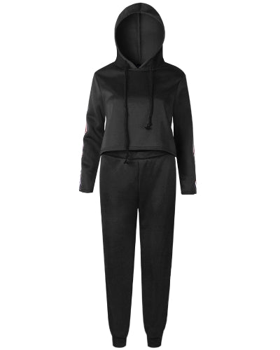 Women Two Piece Set Tracksuit Hooded Drawstring Crop Top Sport Pants Side Stripes High Waist Casual Sweat Suit