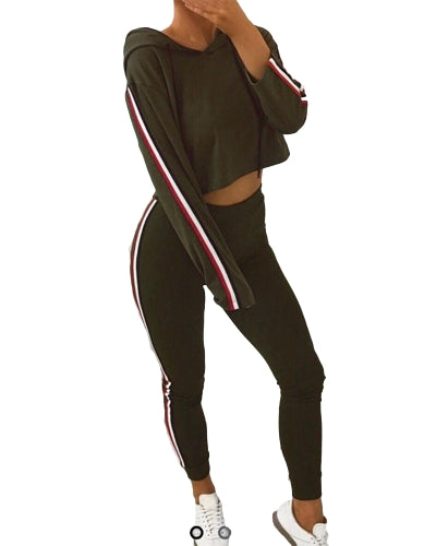 Women Two Piece Set Tracksuit Hooded Drawstring Crop Top Sport Pants Side Stripes High Waist Casual Sweat Suit